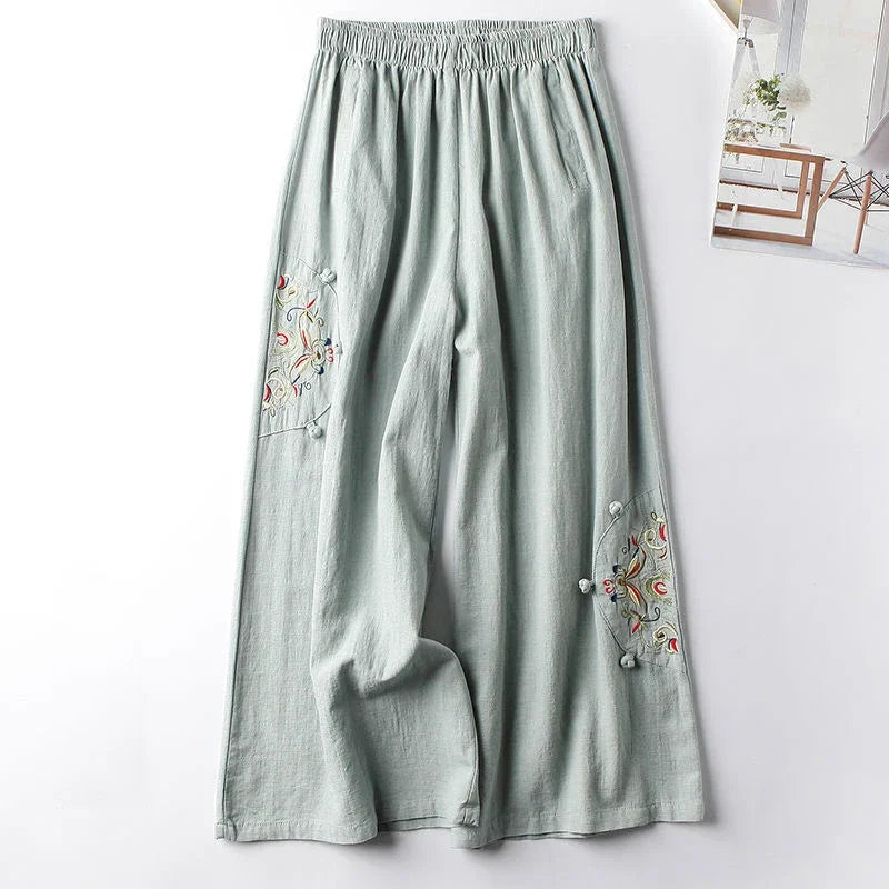 Women's Fashion New Loose Wide Leg Pants Simple Casual Solid Color Splicing Embroidered Elastic Waist Slim Thin Straight Pant