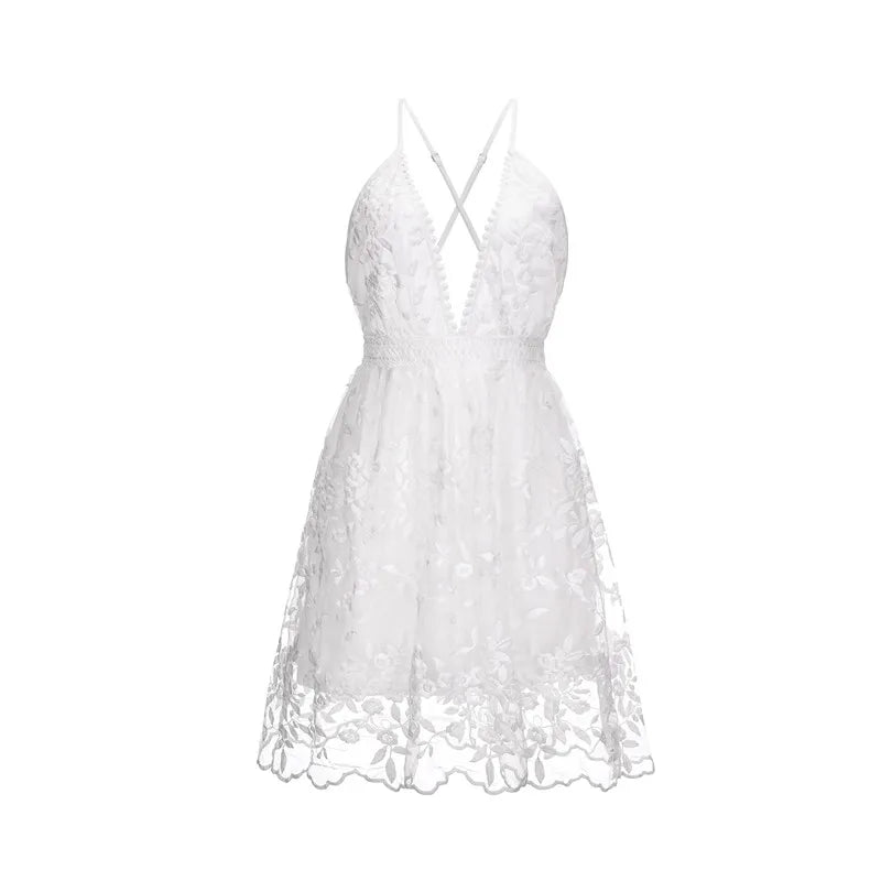 New Women Party Lace Flower Backless Mini Dress Summer Sexy Sling Spaghetti straps Deep V Neck Wedding Club Vestidos