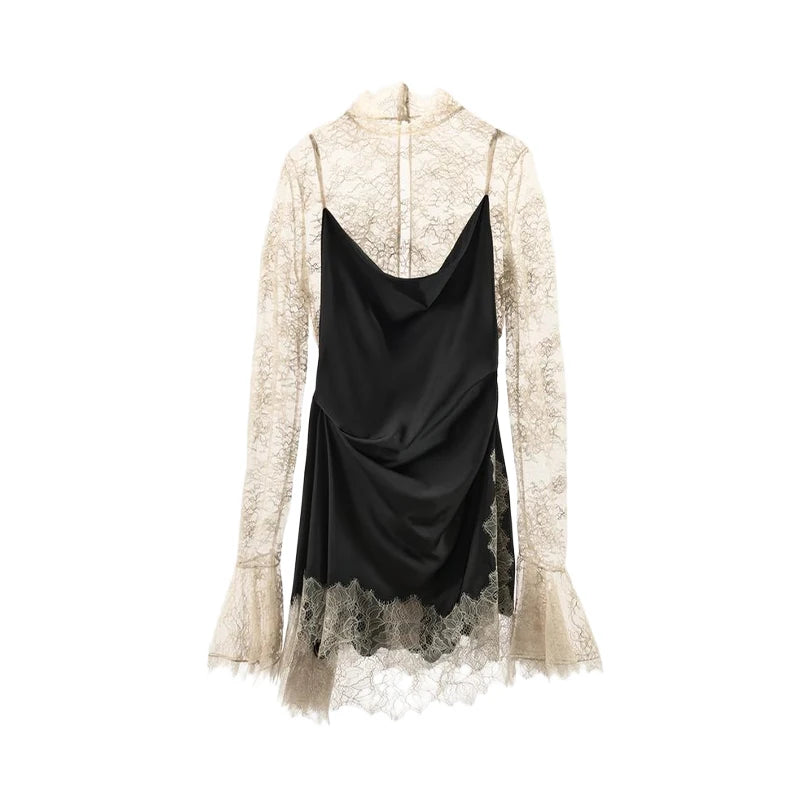 Sexy Color Block Bodycon Dress Women's Lace Insert Full Sleeve Y2K Mini Dresses 2025 Autumn Lady New Elegant Party Clubwear