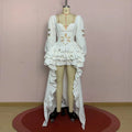 VGH Fashion Style White Cutout Floral Accent Gown for Women Square Collar Puff Sleeve Asymmetric Train Skirt for Beach Elopement