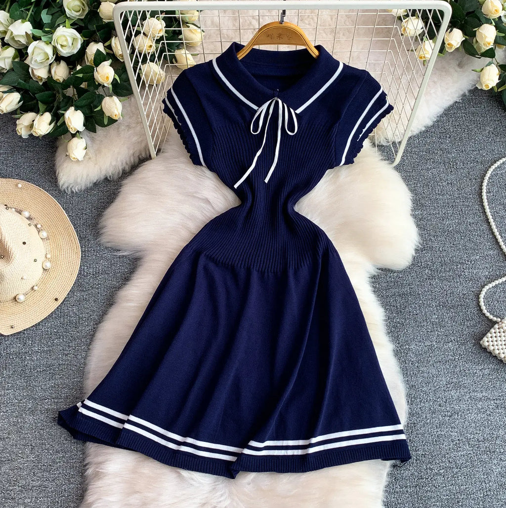 Summer Women Sweet Strechy Sundress Turndown Collar Short Sleeve Knitted Dress Lace Up Bow High Waist A-line Mini Dress