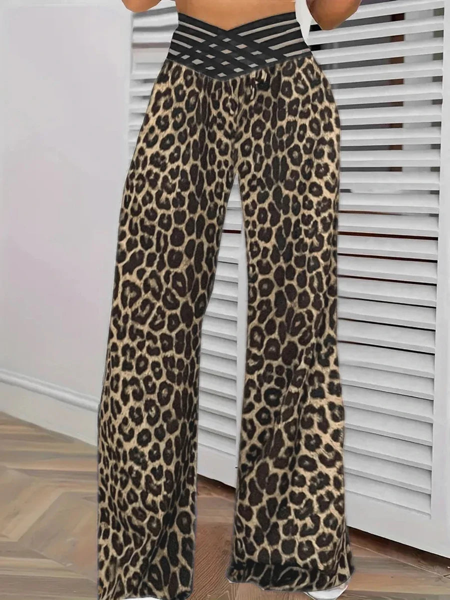 Leopard Print Wide Leg Pants Women Sexy High Waist Elastic Waist Loose Trousers Summer Autumn Casual Streetwear Y2K Vintage