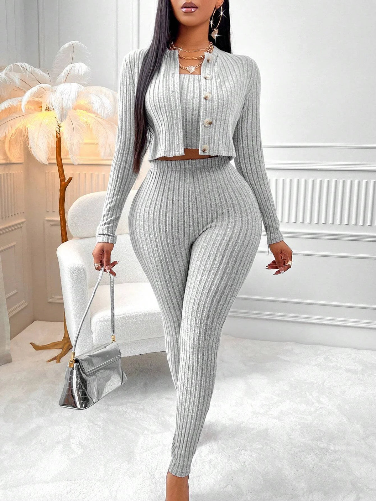 3-Piece Set of Solid Color Camisole, Front-Button Jacket, and Leggings