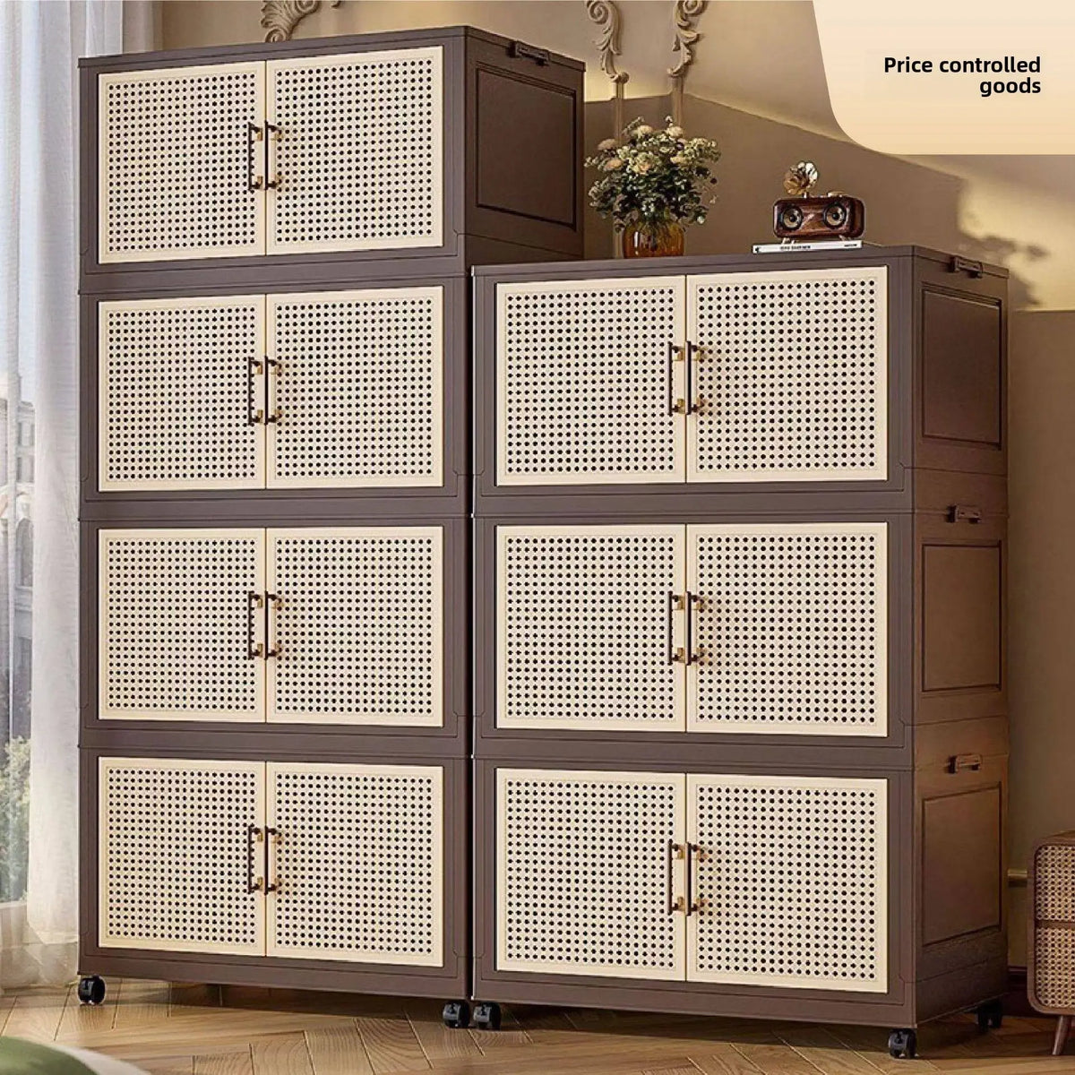 #Retro Storage Cabinet, Tall Wooden Foldable Cabinet for Living Room, Large Capacity Space Saving
