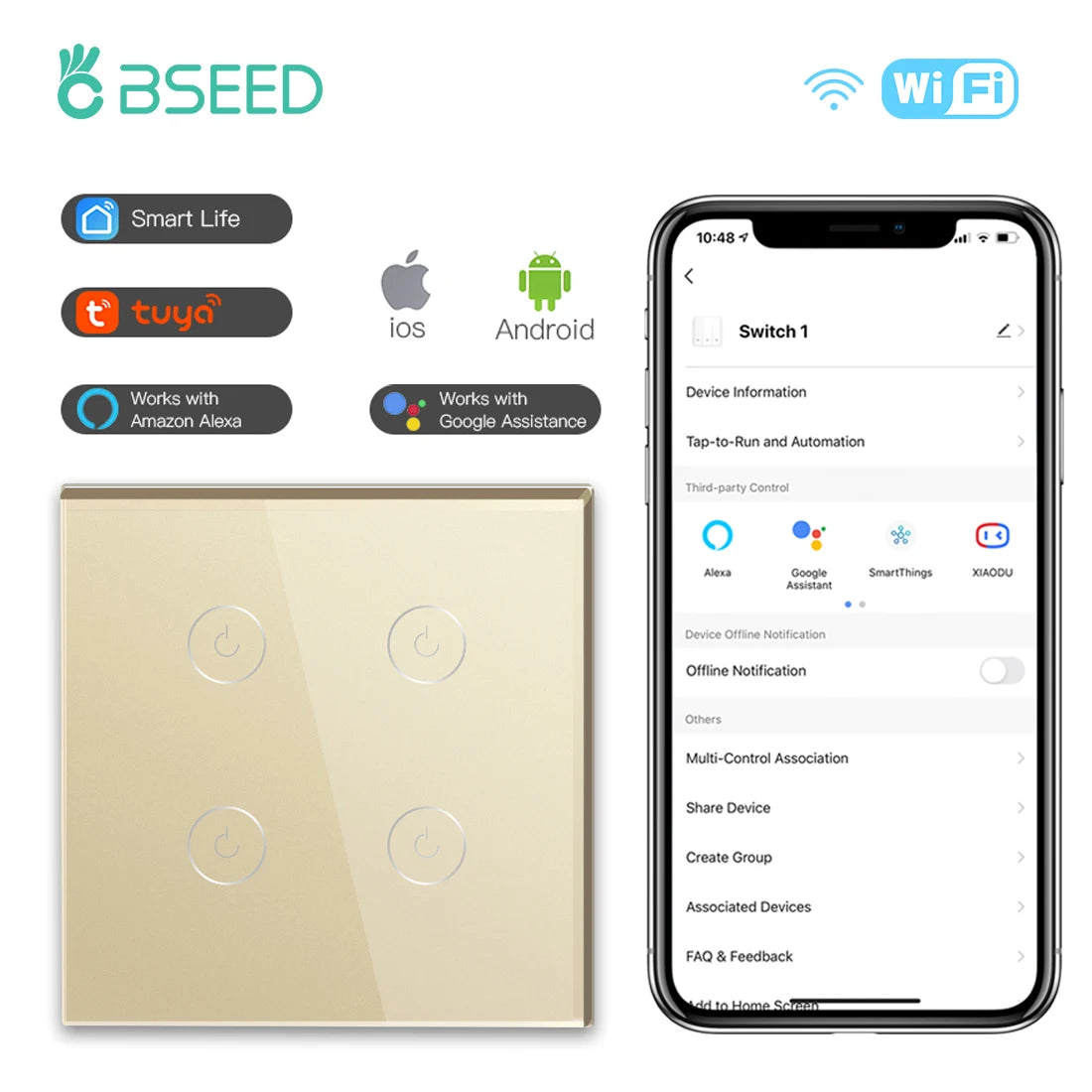 BSEED WIFI Touch Switches 1/2/3/4Gang Smart Light Switches Wall Stair Switches Tuya Control Smart Life APP Multi-Control Neutral