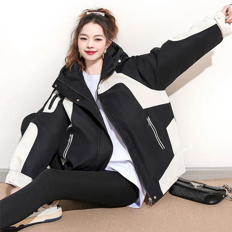 Black and White Patchwork Women Autumn Hiking Jacket Winter Winderproof Warm Hooded Coat Korean Zip Up Streetwear Couple Jackets