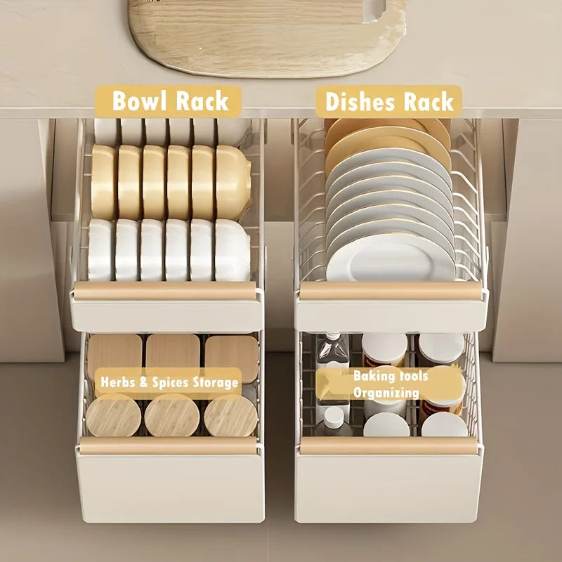 Space-Saving Kitchen Drawer Organizer, Pull Out Storage Rack for Storing Plates, Bowls, and Spices Kitchen Organizer and Storage