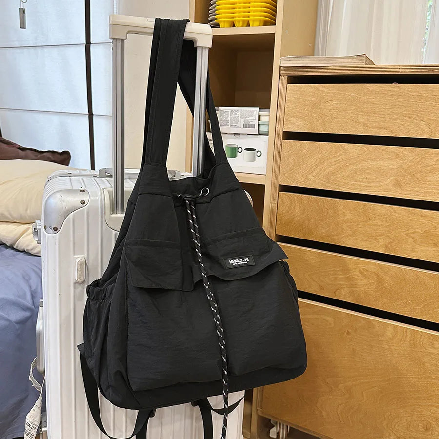 Women 2‑Way Travel Backpack Lightweight Korean Style Casual Shoulder Bag Multifunctional Drawstring Rucksack for College Student