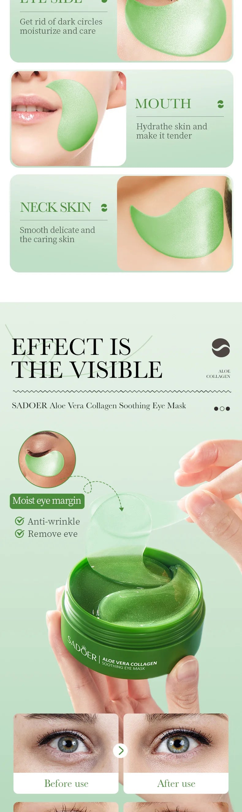 SADOER Aloe Vera Collagen Eye Mask 60pcs Hydrating Moisturizing Firming Reduce Dark Circles Under Eye Pads Skin Care