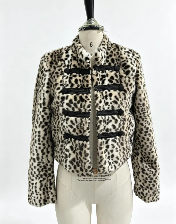 Women Leopard Print Faux Fur Jacket Mandarin Collar Chinese Frog Closure Cropped Vintage Y2K Slim Fit Coat Ladies Outerwear