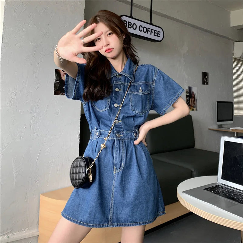 Women Vintage Denim Shirt Dress High Waist A-line Jean Mini Dress for Ladies Retro Y2K Streetwear Dresses for Women Party Outfit