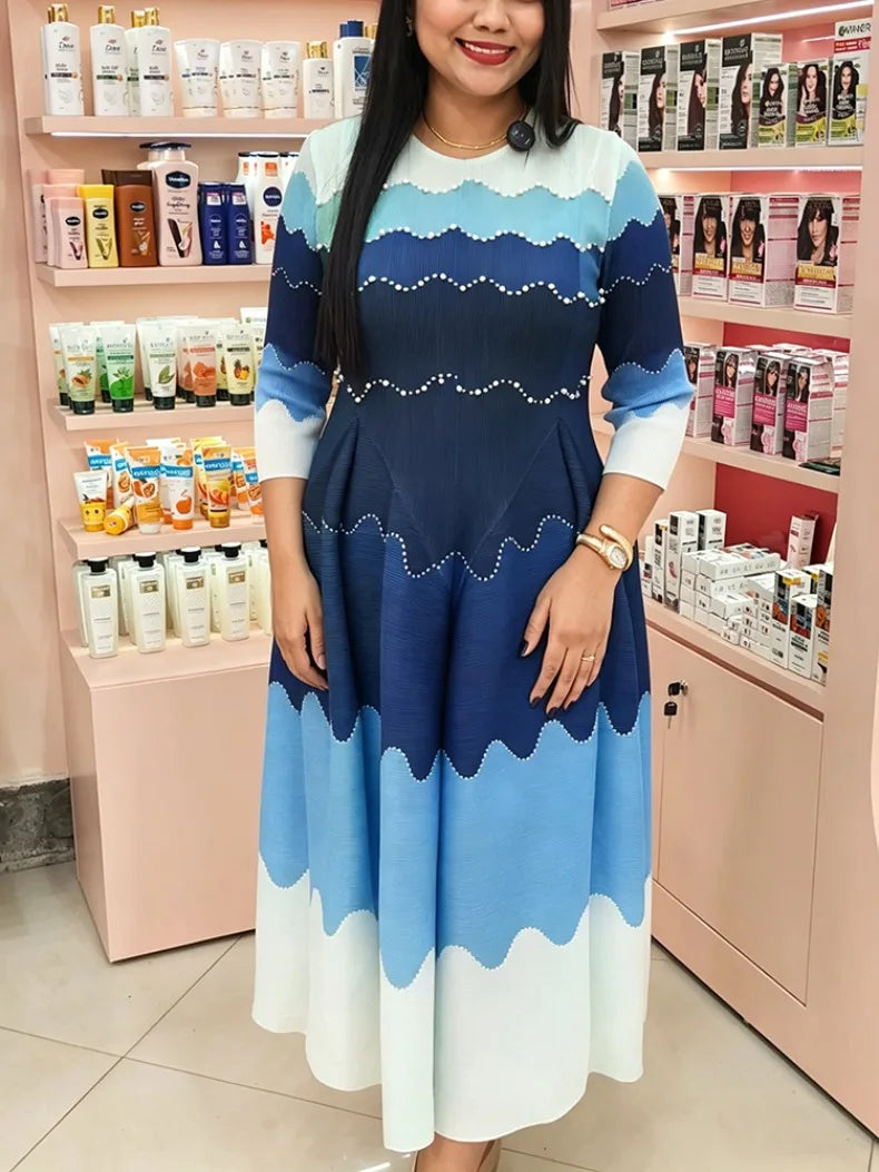 EGRM Pleated Party Dress Women's High Quality Beaded Color Block Long Sleeve Loose Fit Flared Maxi Evening Dresses 9R5303