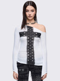 2026 New Women's Black White Gothic Off Shoulder Top Cross Detail Long Sleeve Punk Fashion T Shirt Streetwear