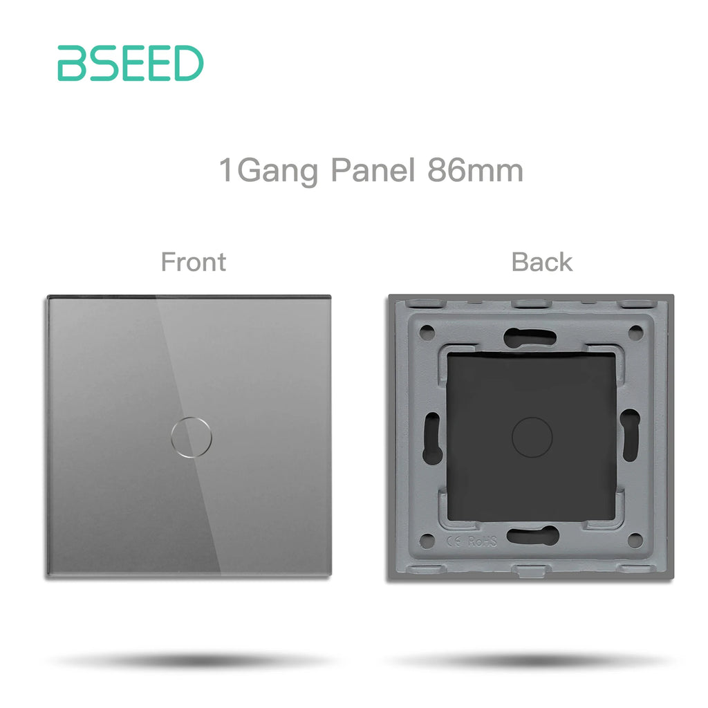 BSEED EU Standard Crystal Glass Panel 86mm For Touch Switches 1/2/3Gang With Metal Frame Wall Light Switch Function Part Only