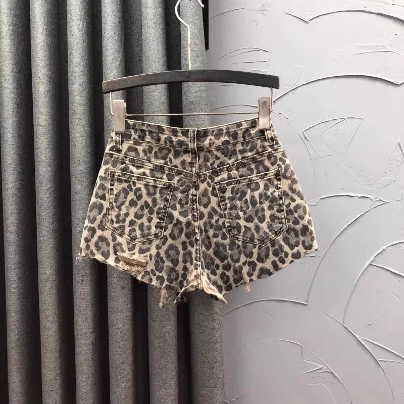 Personalized Leopard Print High Waist Denim Shorts Women's Summer Fashion A Word Rough Edge Wide Leg Jeans Hot Pants