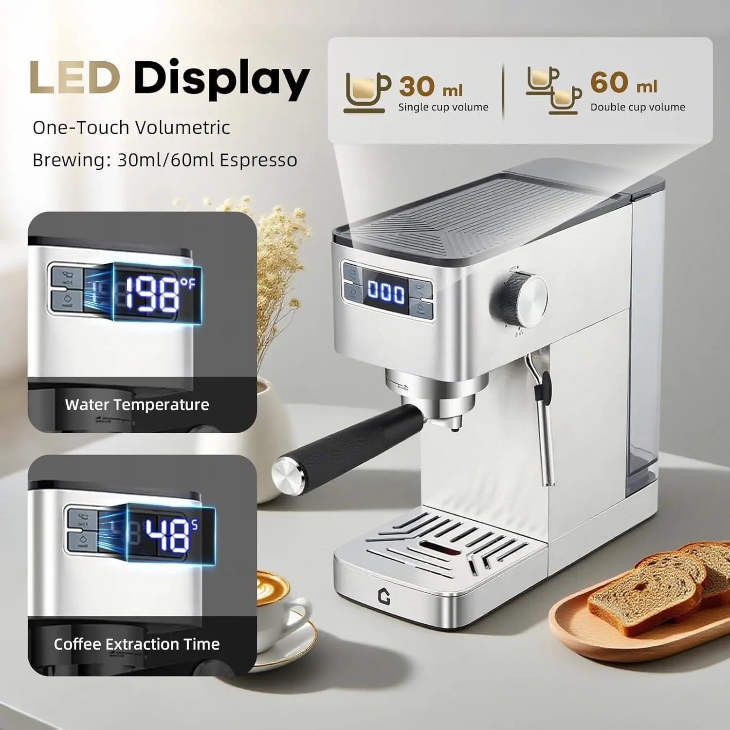 20 Bar Espresso Machine Stainless Steel With Steam Milk Frother Compact Home Barista Coffee Maker For Latte Cappuccino Moka