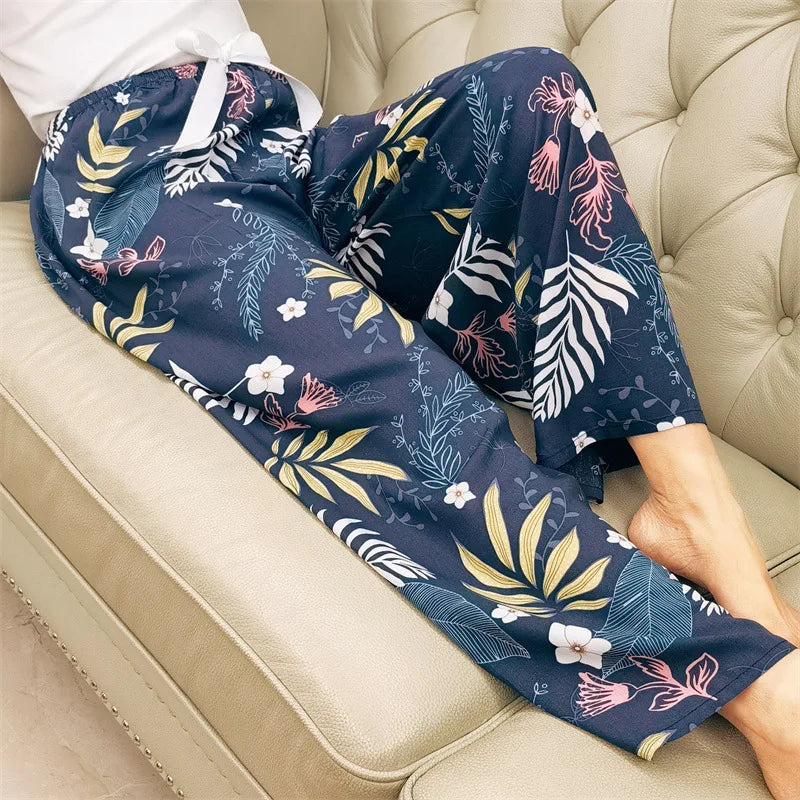 2025 Summer Sleeping Pants Women Thin Bottoms Spring Large Size Home Wear Pants Pajamas Flower Print Loose Cute Beach Trousers