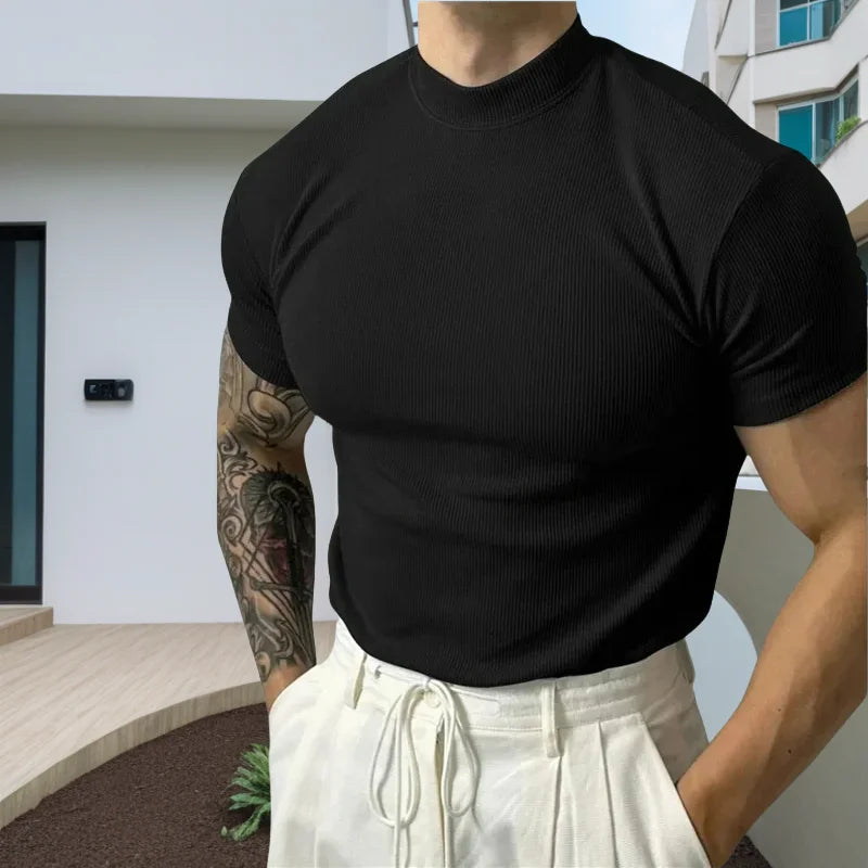 Spring Summer Elastic Comfortable Men's T-Shirt Small High Collar Stripe Shirt Short Sleeve Fitness tops Sports Casual T-Shirt