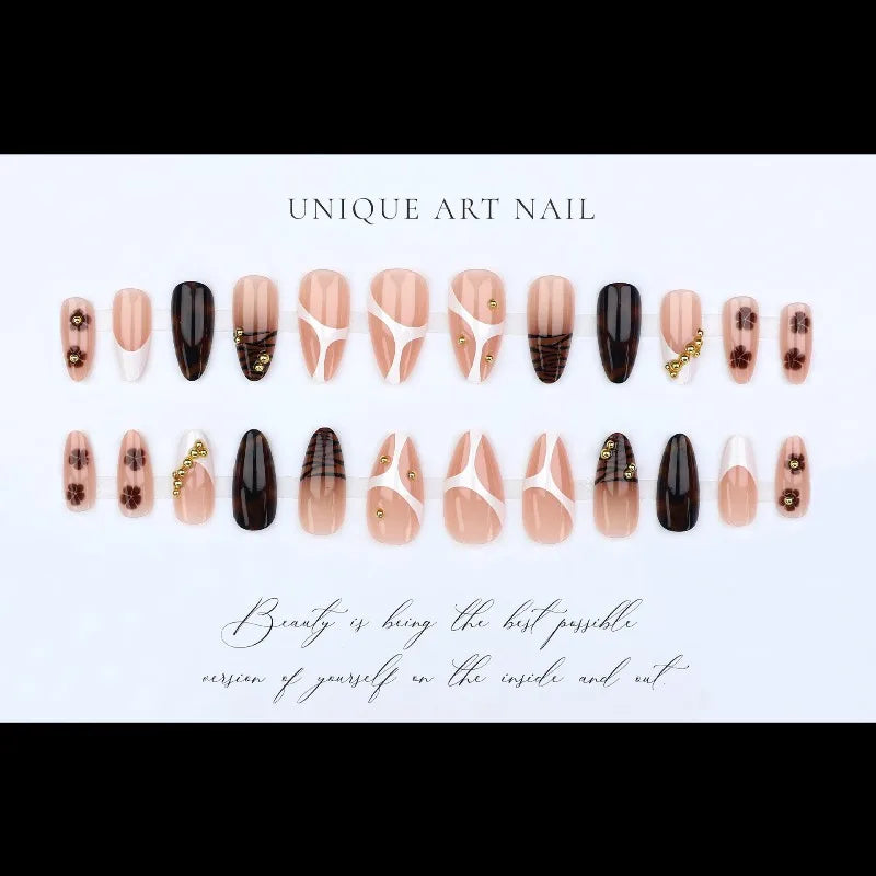 24PCS French Leopard Print Press on Nails Autumn Golden Pearl Brown Flowers Almond False Nails for Women Wearable Nail Manicure