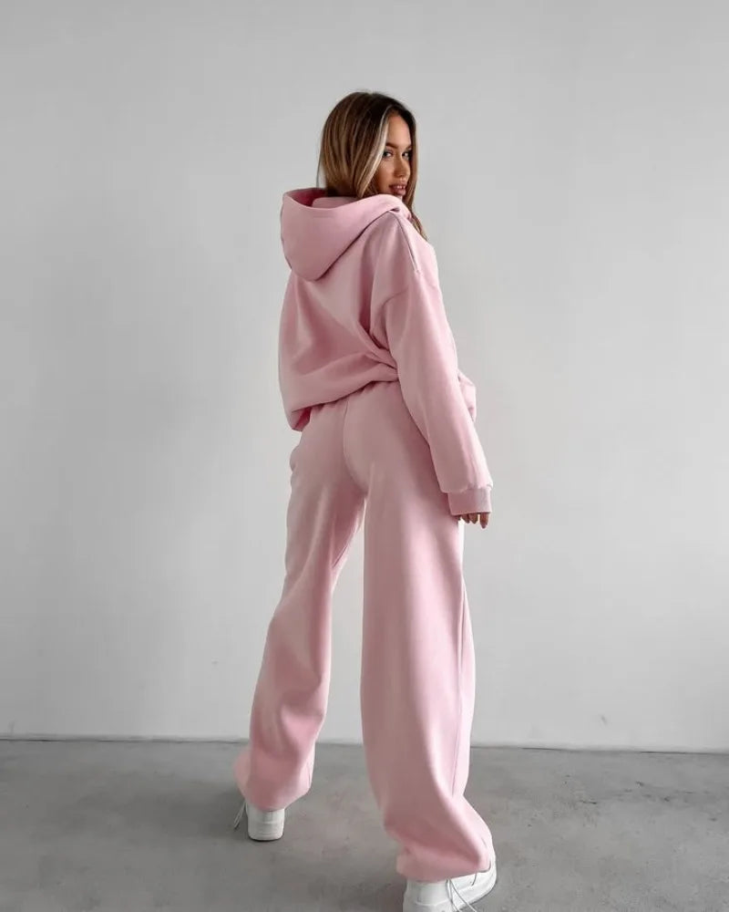 Women's Casual Suit Solid Color Long Sleeve Hooded Cardigan Pocket Sweater Elastic Pants Two-piece Set