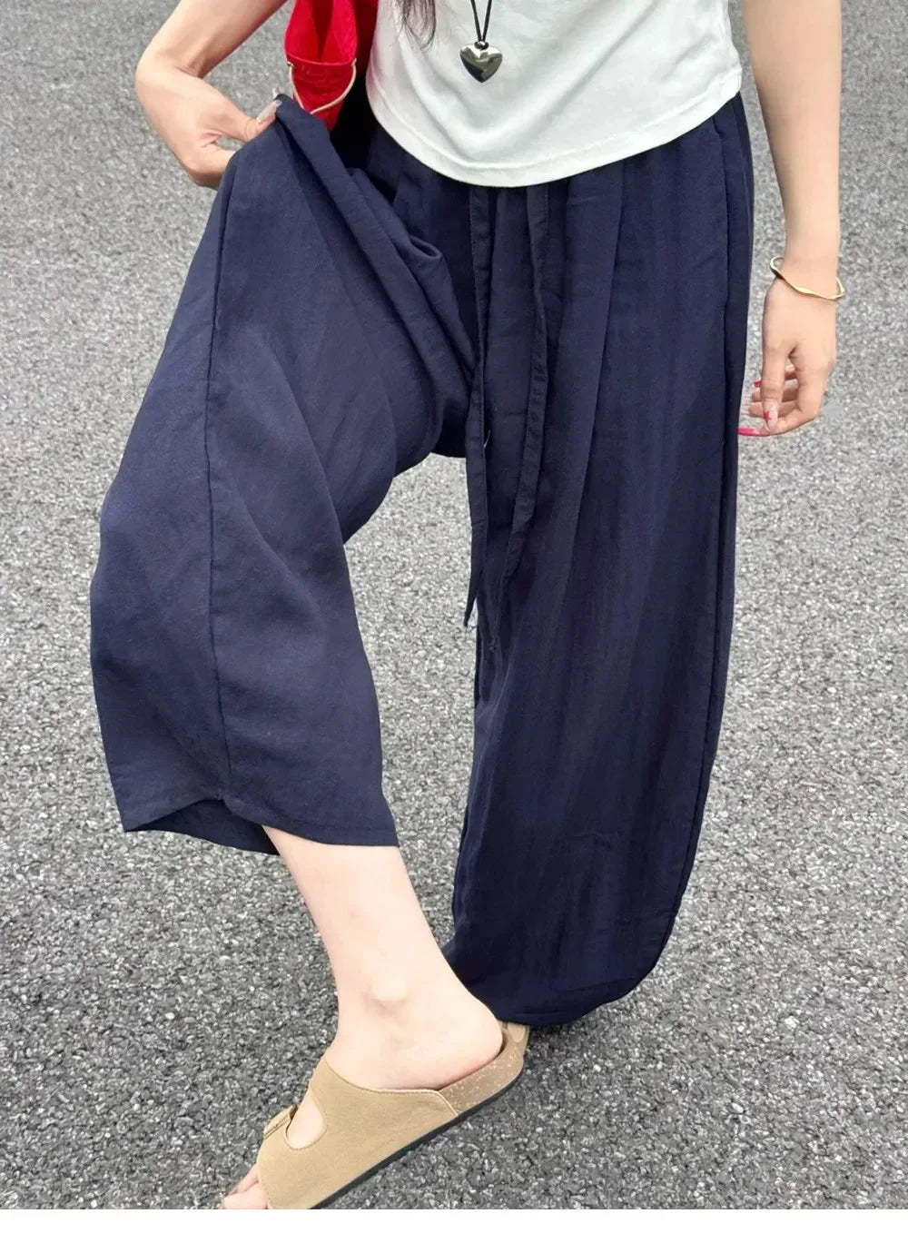 Loose Casual Cotton Linen Trousers Women Full Length Drawstring Women's Wide-leg Pants Summer Thin Linen Navy Blue Baggy Pants