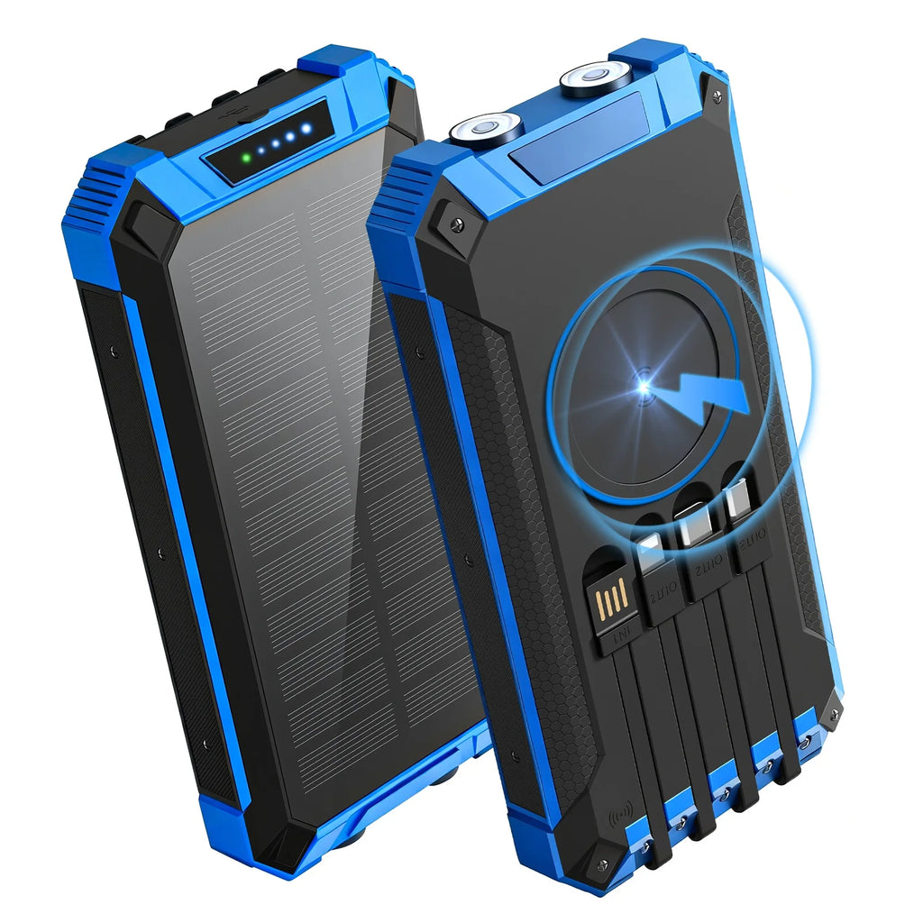 20000mAh Portable Solar Power Bank Dual LED Lights 4 Built-in Cables Fast Charging for iPhone Android Phones AirPods