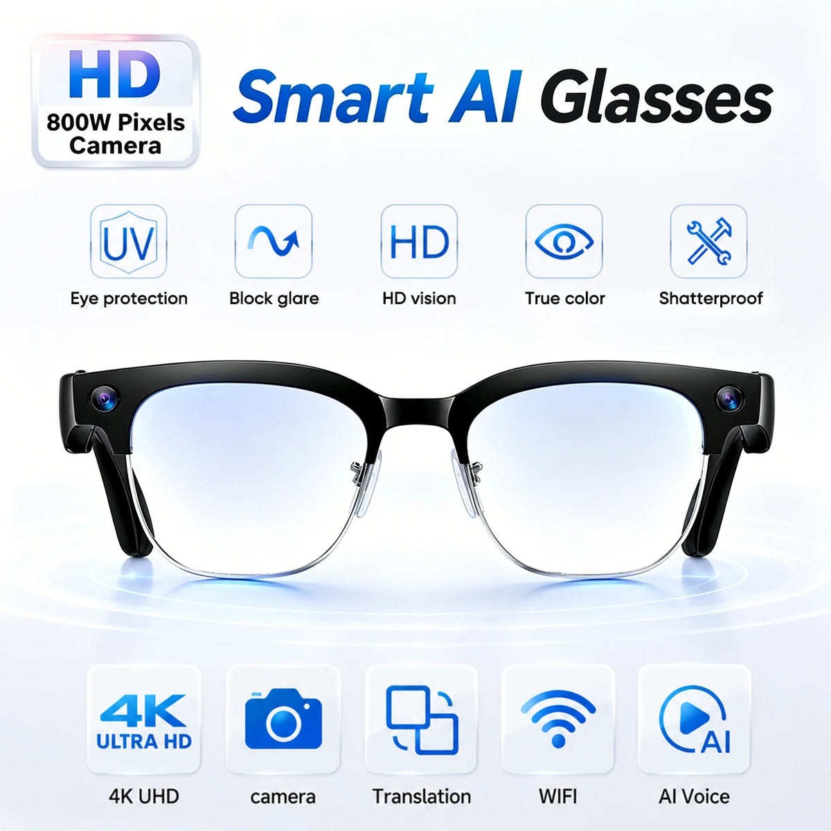 2026 New 8MP 4K HD Smart Glasses Video Photo AI Translation Bluetooth Call Music playback Waterproof Business Sports Sunglasses