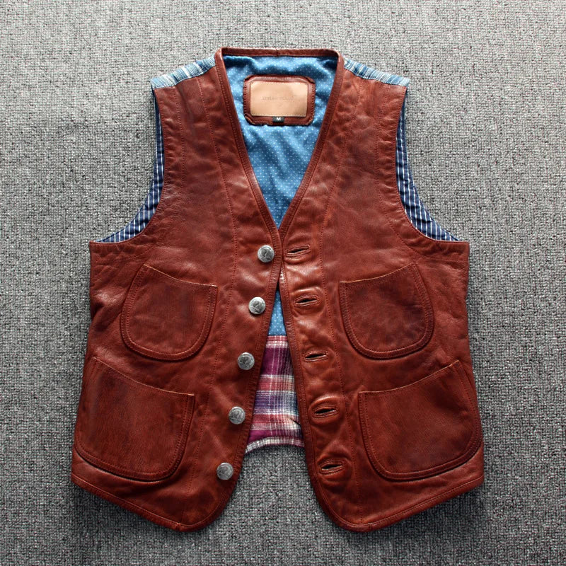 Men's All Season Genuine Leather Vest Sheepskin Sleeveless Jacket Fashion Casual Outerwear