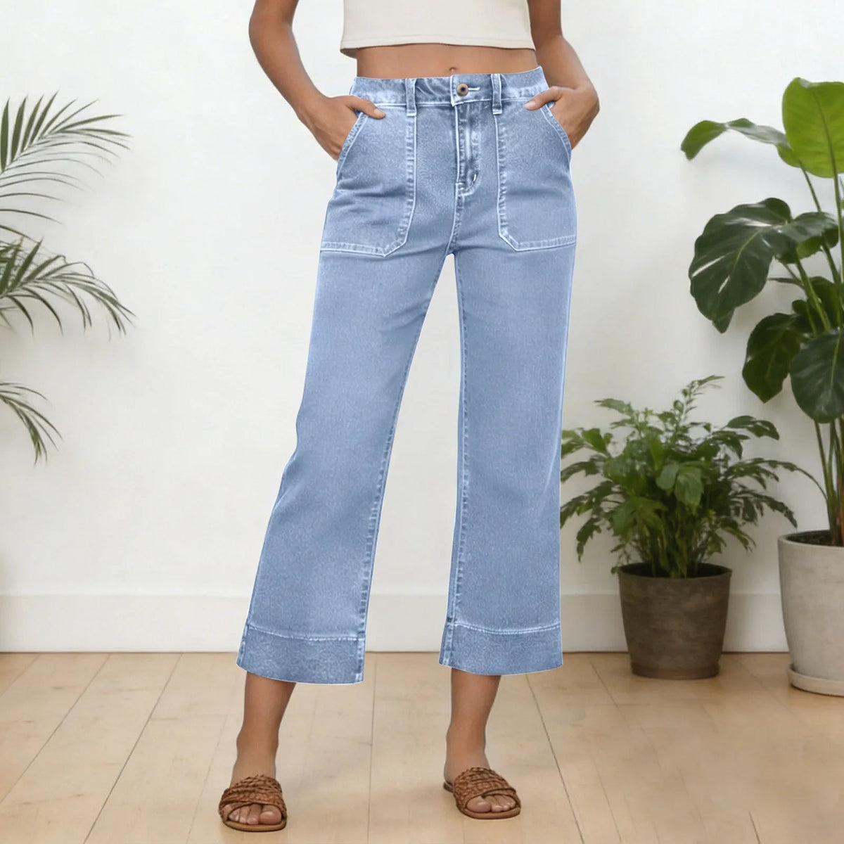Wide Leg Jeans With Front Pockets For Women Cropped Micro Cut Pants High Waisted Patch Pocket Straight Leg Jeans Summer Pants