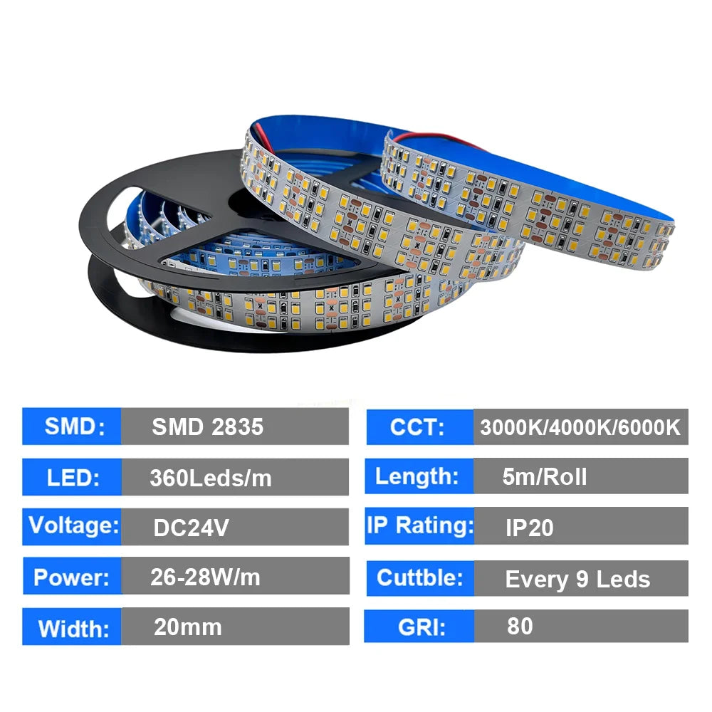5m Double Row Led Strip light 2835 360Led 480Led 240Led 12V/24V High Bright Flexible Led Lamp IP67 Waterproof 3000K/4000K/6000K