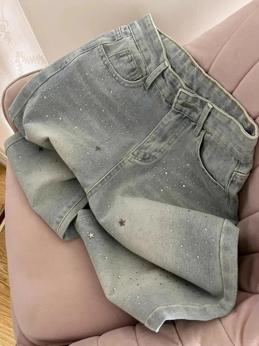 Four Seasons New Fashion Women's Light Blue Wide Leg High Waist Loose Casual Trendy Jeans Female Diamond Studded Denim Trousers