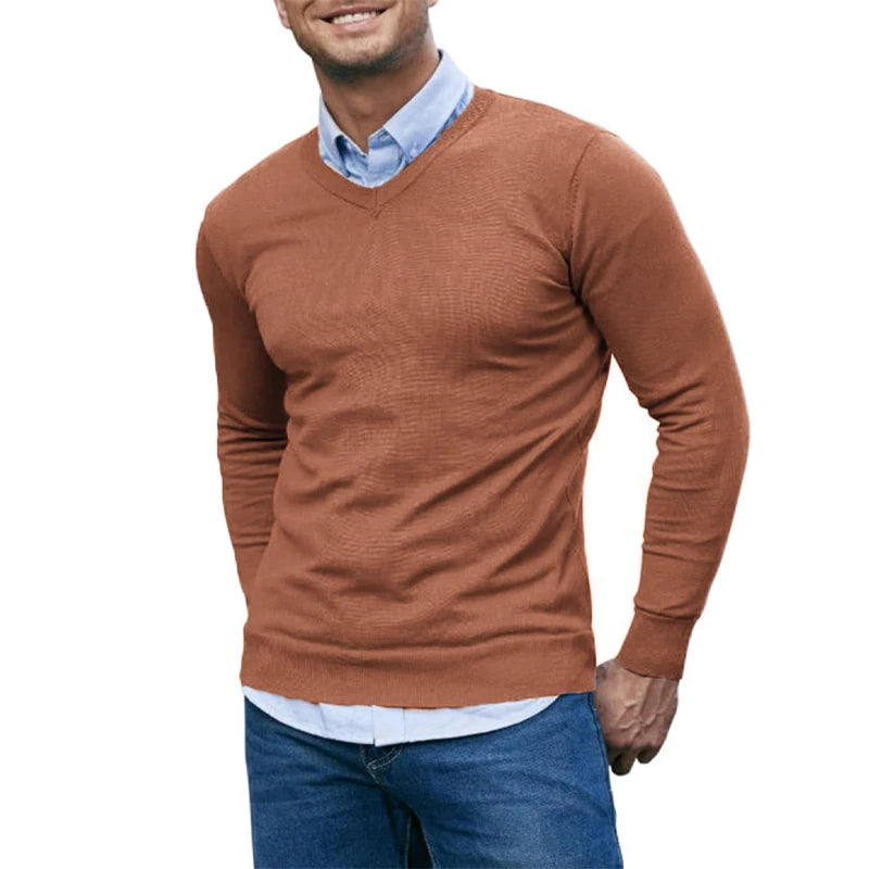 Men's V Neck Sweater Knitted Pullover Casual Soft Lightweight Long Sleeve Dress Sweater Autumn Breathable Slim Fit Sweaters