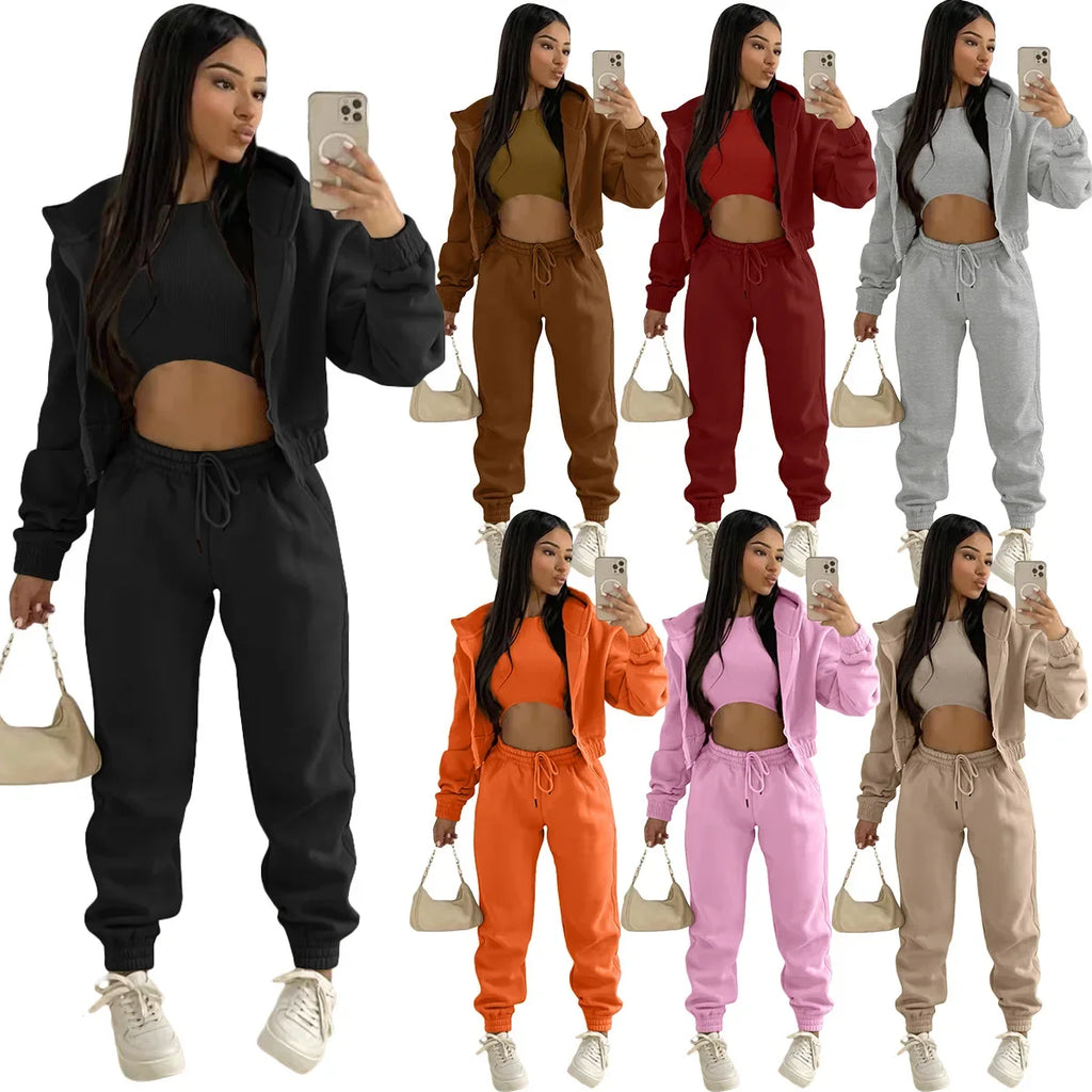 custom women's clothing plain winter hoodie joggers pants 3 piece pants set training wear womens sweatpants and hoodie sets