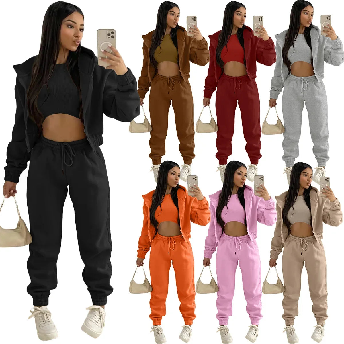 custom women's clothing plain winter hoodie joggers pants 3 piece pants set training wear womens sweatpants and hoodie sets