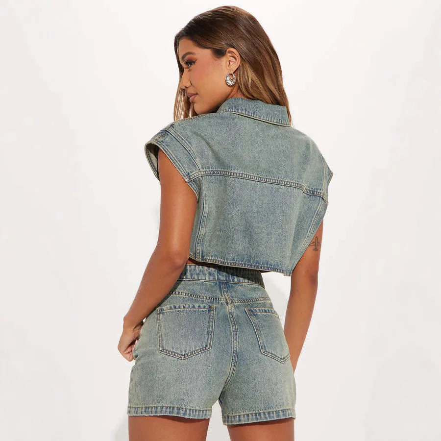 Shorts Sets Women Denim 2 Piece Suit Top Jeans Ensemble Summer 2025 Single Breasted Turn Down Collar Short Pants Vintage Outfits