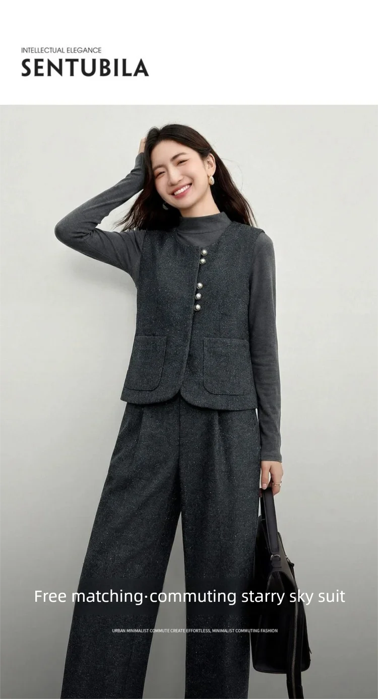 SENTUBILA Women's 2 Piece Pants Set 2026 New O Neck Waistcoat Straight Pant Winter Office Lady Wool Blend Female Suit 154ZA6093