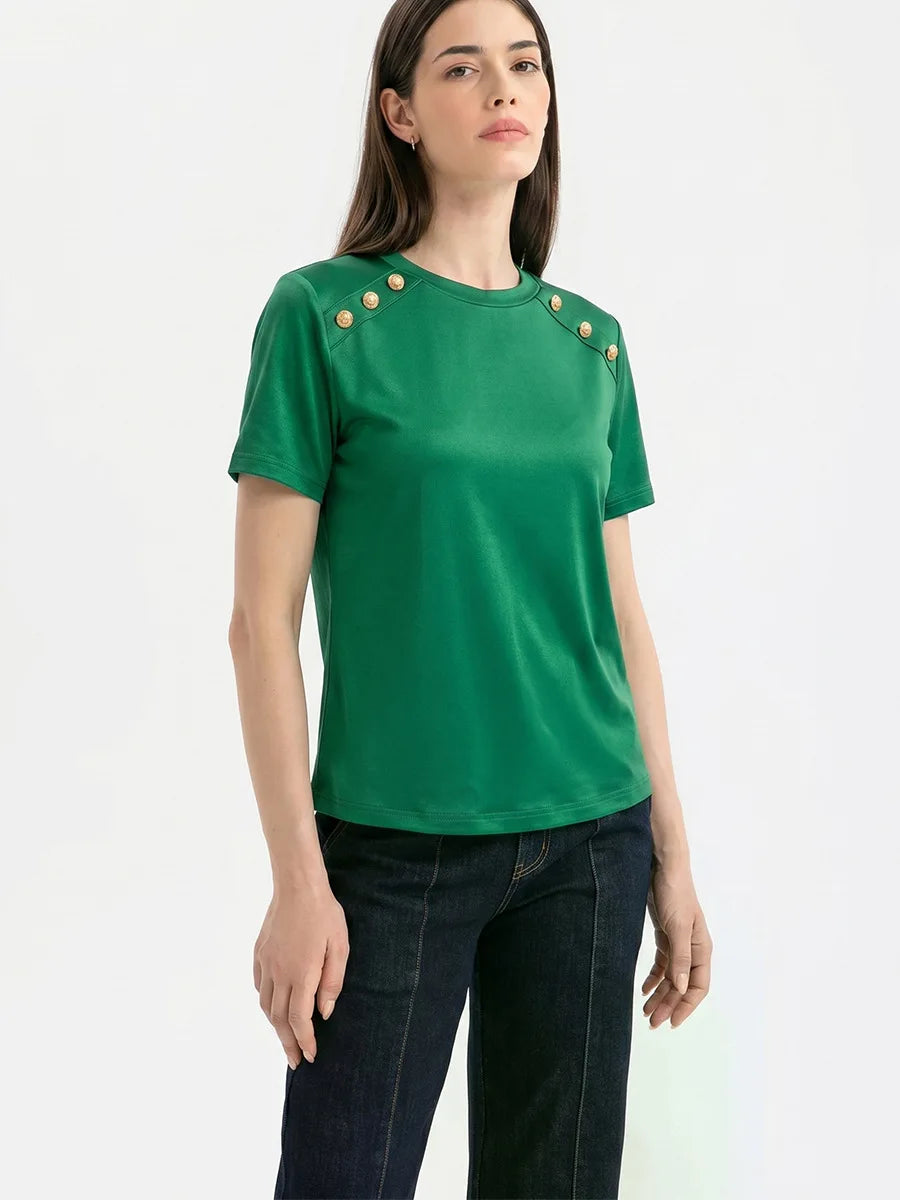Fashionable Short Sleeve T-Shirt Women's Slim Fit Solid Color Summer 2026 Casual round Neck Polyester Blend Top