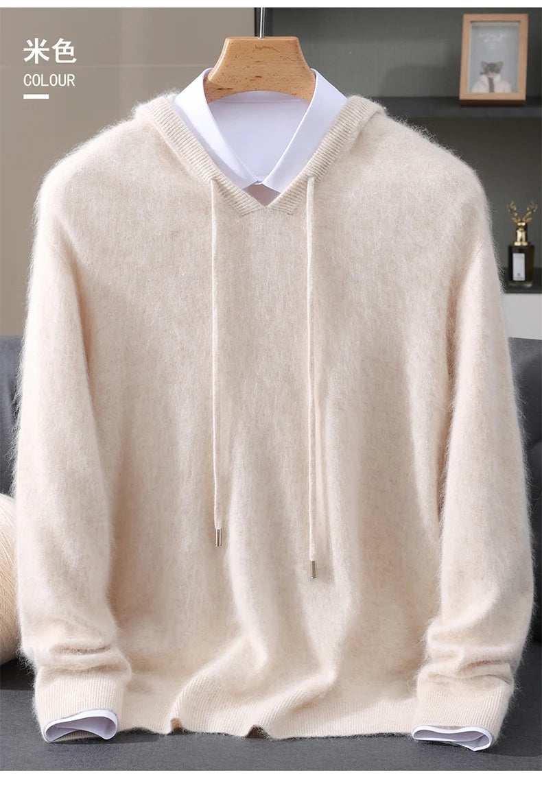 Autumn Winter New 100% Mink Cashmere Sweater Men's Solid Color Hooded Pullover Knitted Sweater Loose Casual Top For Outdoor Wear