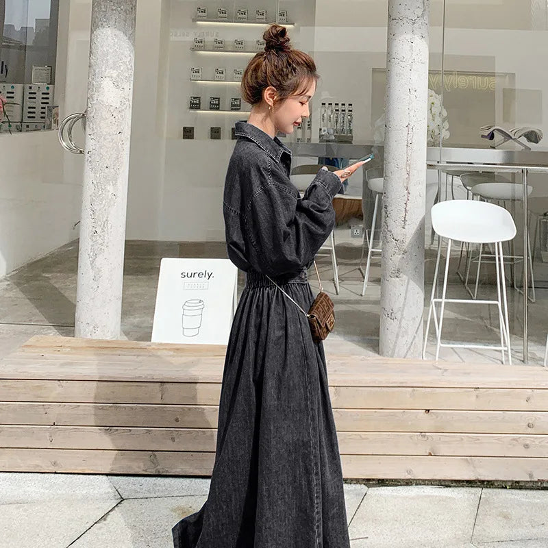 Denim long dress women A-line high waisted long sleeves casual roupas femininas