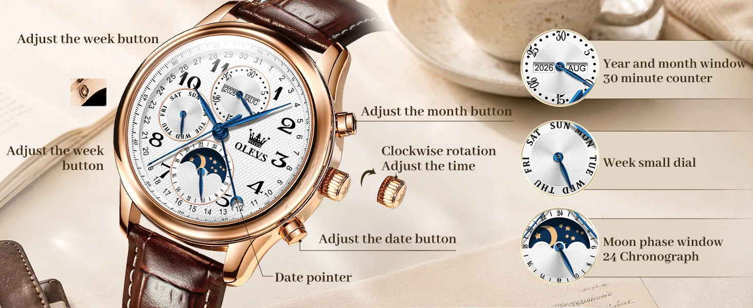 OLEVS 6667 Mens Watch Multifunctional Chronograph Mechanical Watch Leather Strap Moon Phase Watches For Man Luxury Original