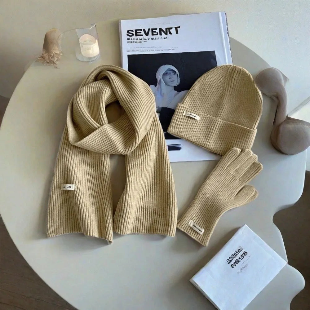 Knitted Winter Scarf Woman Solid Color Hat Scarf Gloves Women's Windproof Adult Three-piece Set Fashion Women's Scarf Hat Set