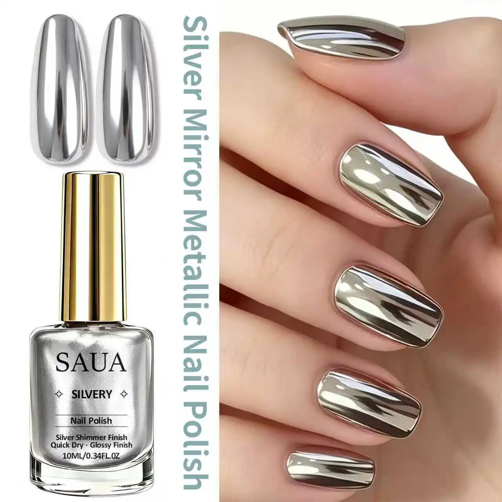 Silver Metallic Nail Polish—Quick-Drying, No UV Lamp Required, Mirror-Like Finish; the Perfect Choice for a Holiday Gift.