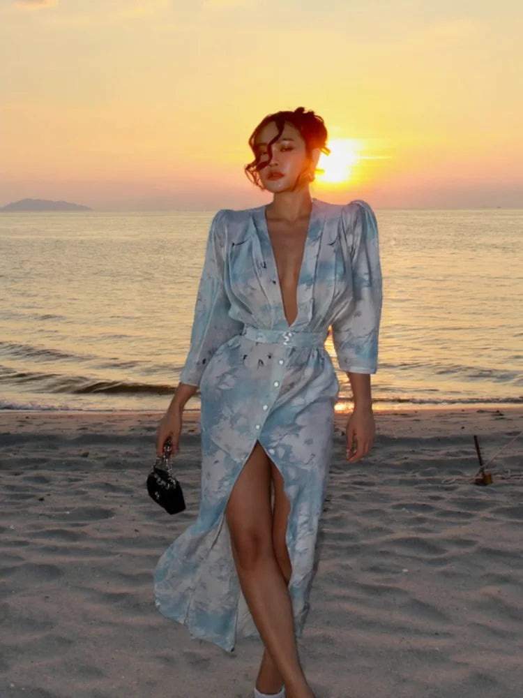 Fashion Printed Deep V Neck Women Slim Dresses Chic Long Sleeve High Waist Dress Summer New Beach Party Lady High Split Vestidos