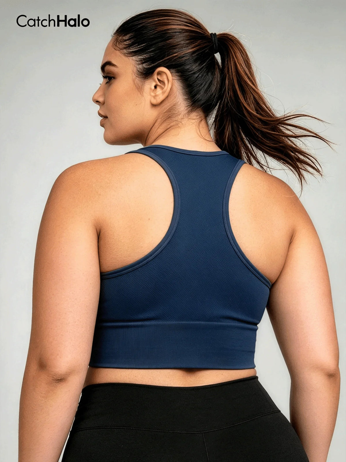 Cropped Plus Size Sports Bra Seamless Ribbed Racerback Bra for Pilates Daily Wear Gym Workout