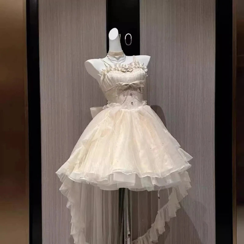 France Vintage Gothic Lolita Dress Set Women Harajuku Y2k Bow Ruffles Party Dress Female Elegant Korean Popular Clothes Summer