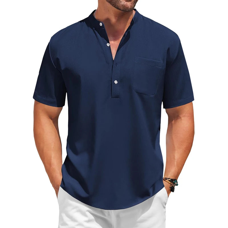 Mens Casual Henley Shirt Summer Short Sleeve Band Collar Cotton Tops Beach Hippie  Tee with Pockets Outdoor Streetwear for Men