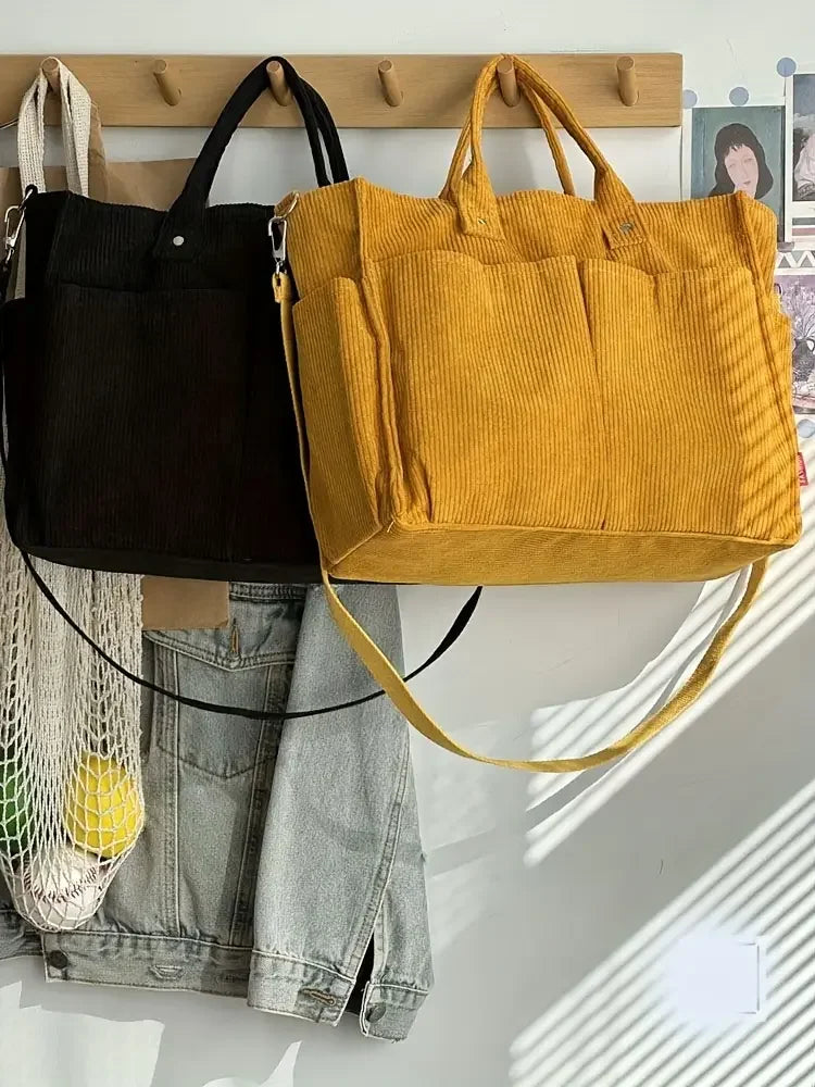 Corduroy Crossbody Tote Bag Stylish Commuter Shoulder Bag with Multiple Spacious Pockets Handbag for Women