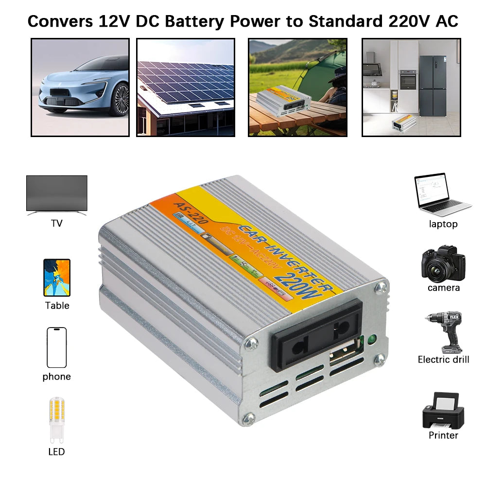 Portable Car 220W Power Inverter  Mounted Solar Inverter USB Voltage Transformer Conversion USB Battery Clip DC 12V To AC 220V