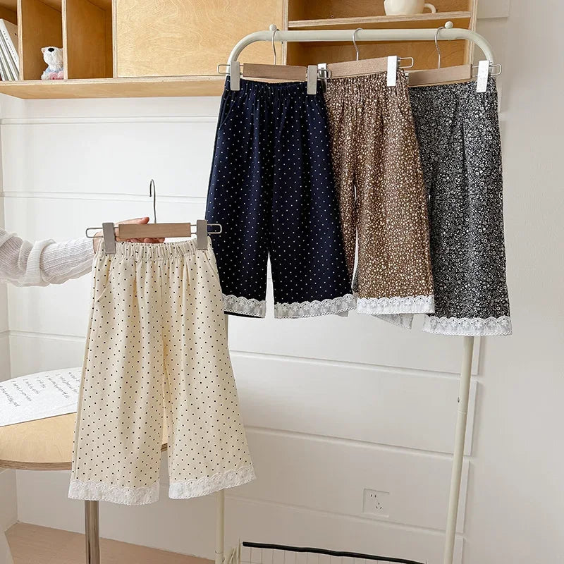 Korean Style Baby Girls Polka Dot Wide Leg Pants Lace Hem Loose Trousers Toddler Kids Elastic Waist Casual Fashion Pants