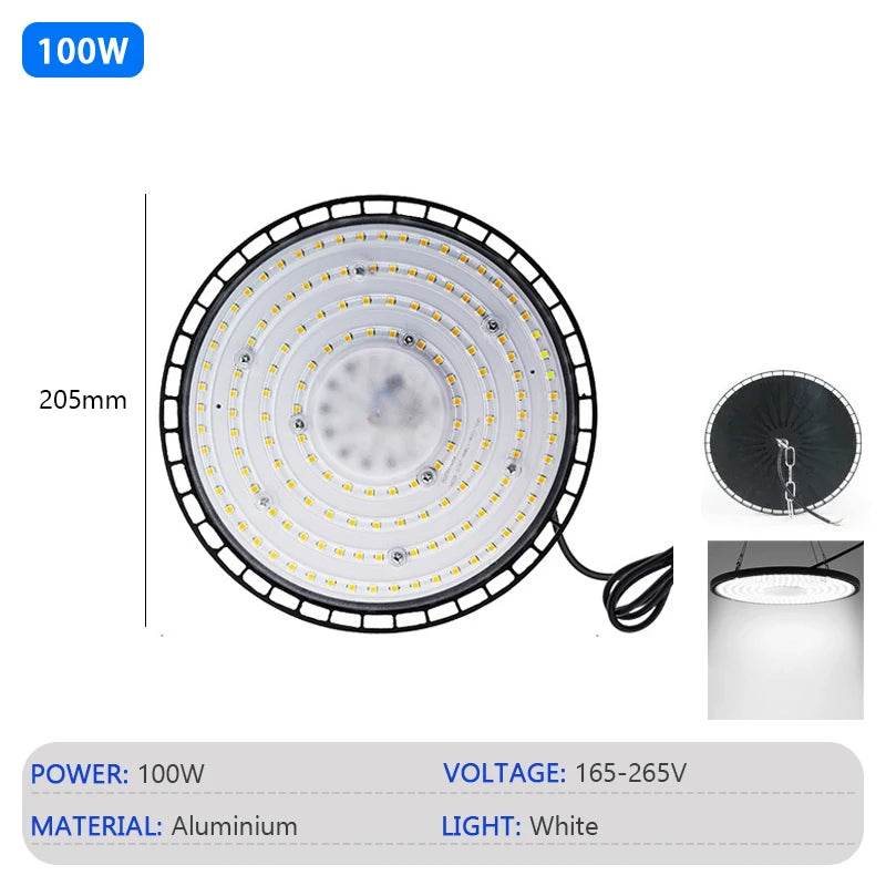 High Bay Lights 100/150/200W 220V Super Bright 6000K UFO LED Waterproof Commercial Market Warehouse Garage Industrial Lighting